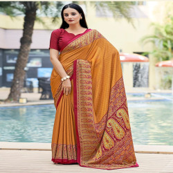 Premium Silk Crepe Printed Saree with Traditional Designer Border & Pallu